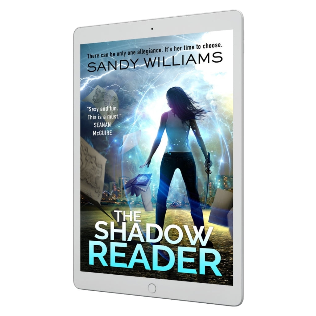 The Shadow Reader woman with sword and magic fae book.